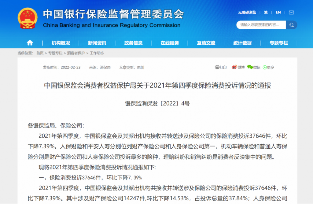2021年第4季度保险消费投诉通报,你家还靠谱吗?插图 2021年第4季度保险消费投诉通报,你家还靠谱吗?插图