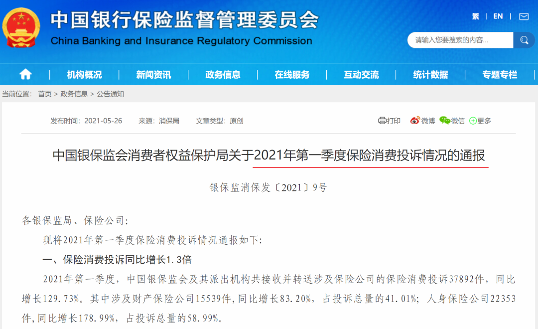 2021年第一季度保险消费投诉通报出炉，谁家投诉多？插图